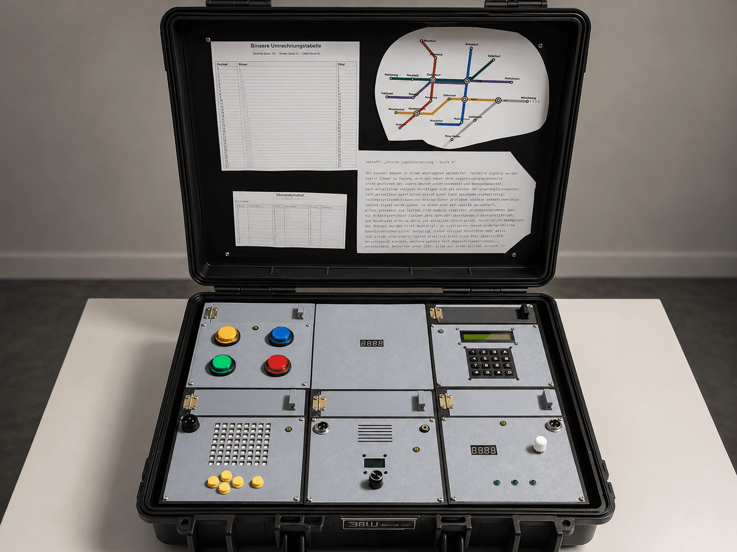Finished physical escape-room puzzle system with buttons, keypad, displays and modular controls