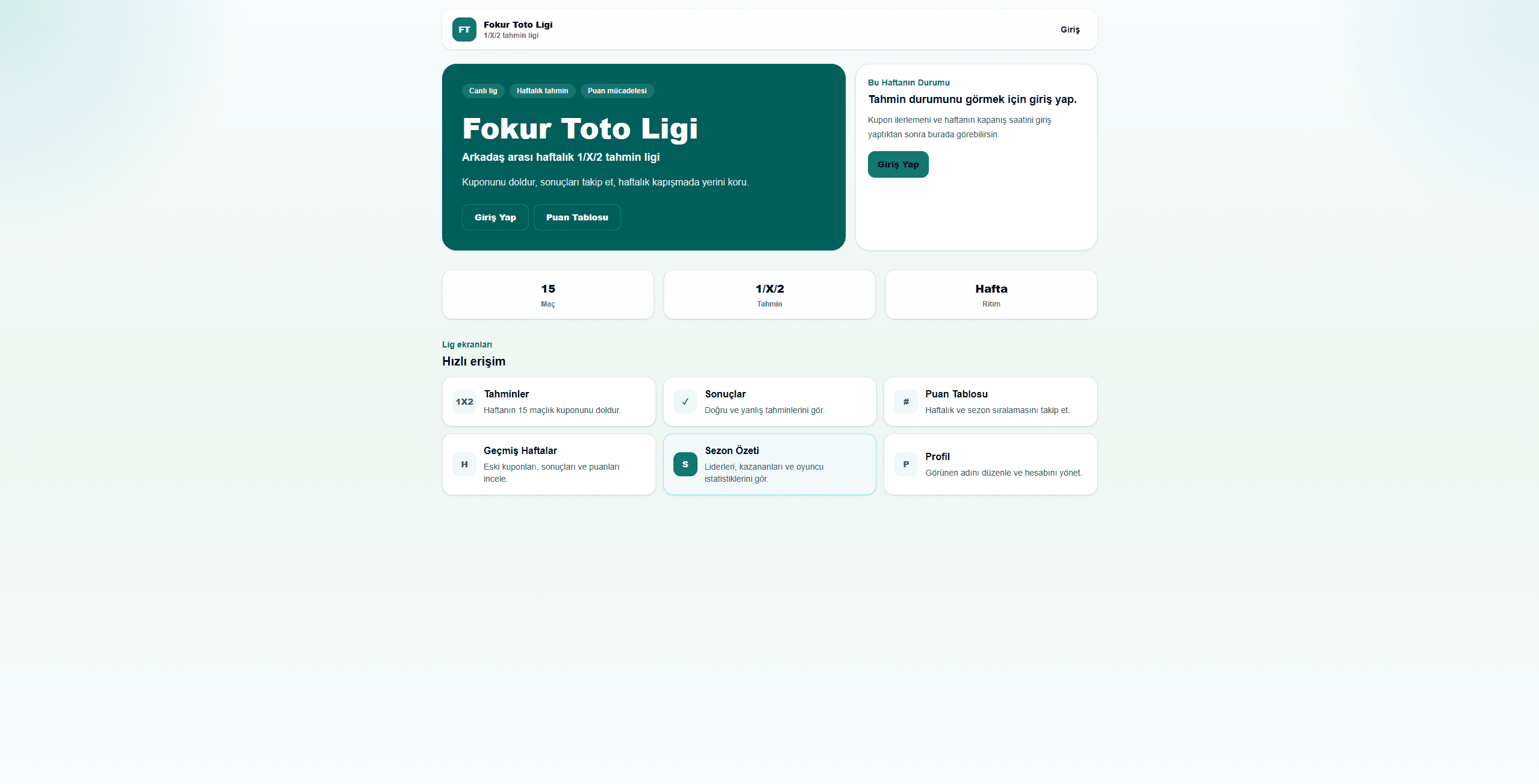 Fokur Toto Ligi: home screen of the weekly 1/X/2 football prediction league with quick access to predictions, results and leaderboard