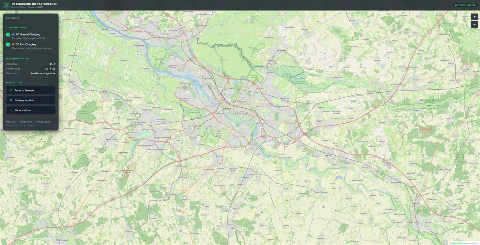 EV Charging Infrastructure: WebGIS overview of the Bremen region with charging-type controls and map information