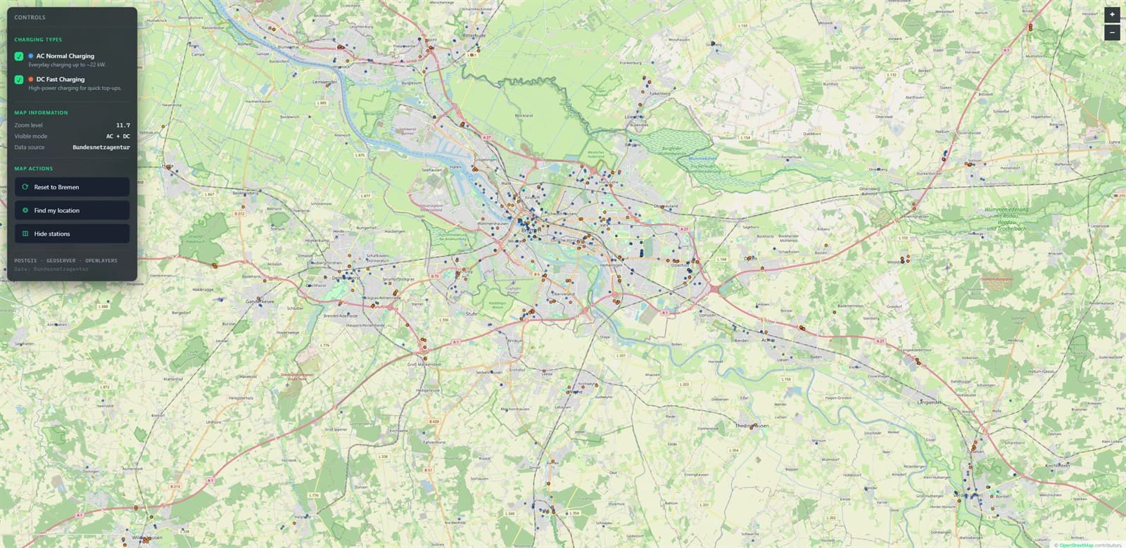 EV Charging Infrastructure: AC and DC charging stations plotted across the Bremen region via GeoServer WMS