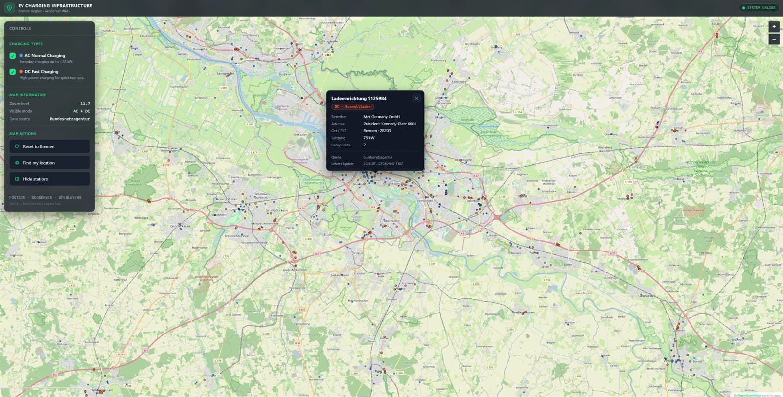 EV Charging Infrastructure: station detail popup with operator, address, power and charging points